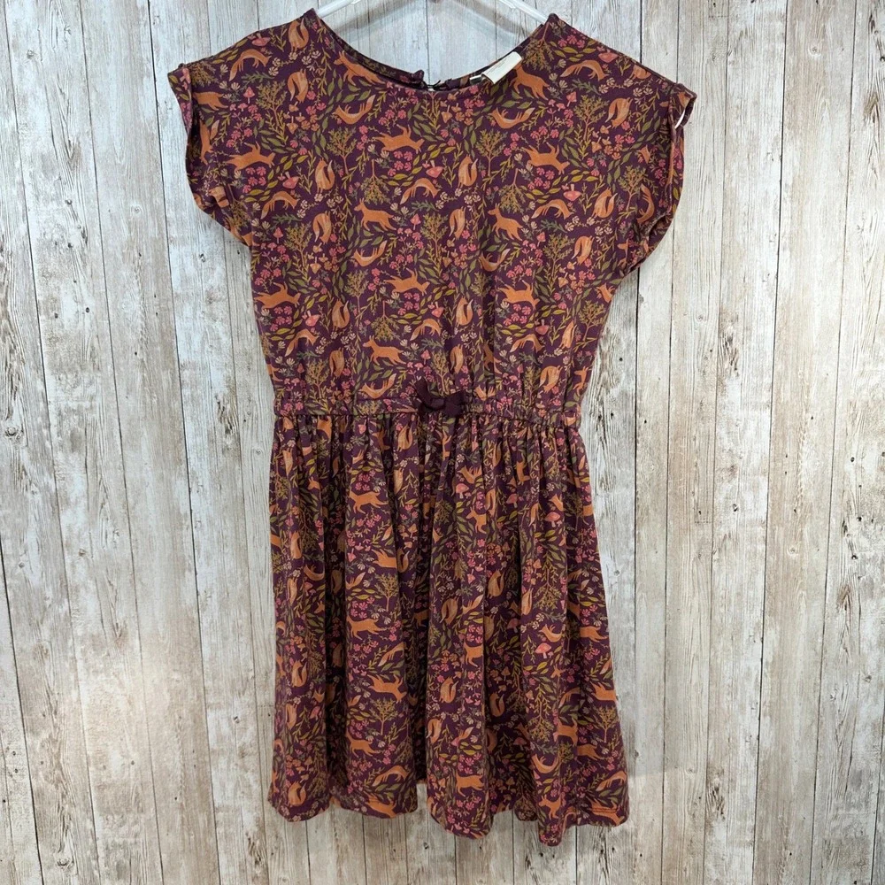 Cynthia Rowley Girls Fox Forest Print Dress Purple Orange Elastic Waist Size 7 8